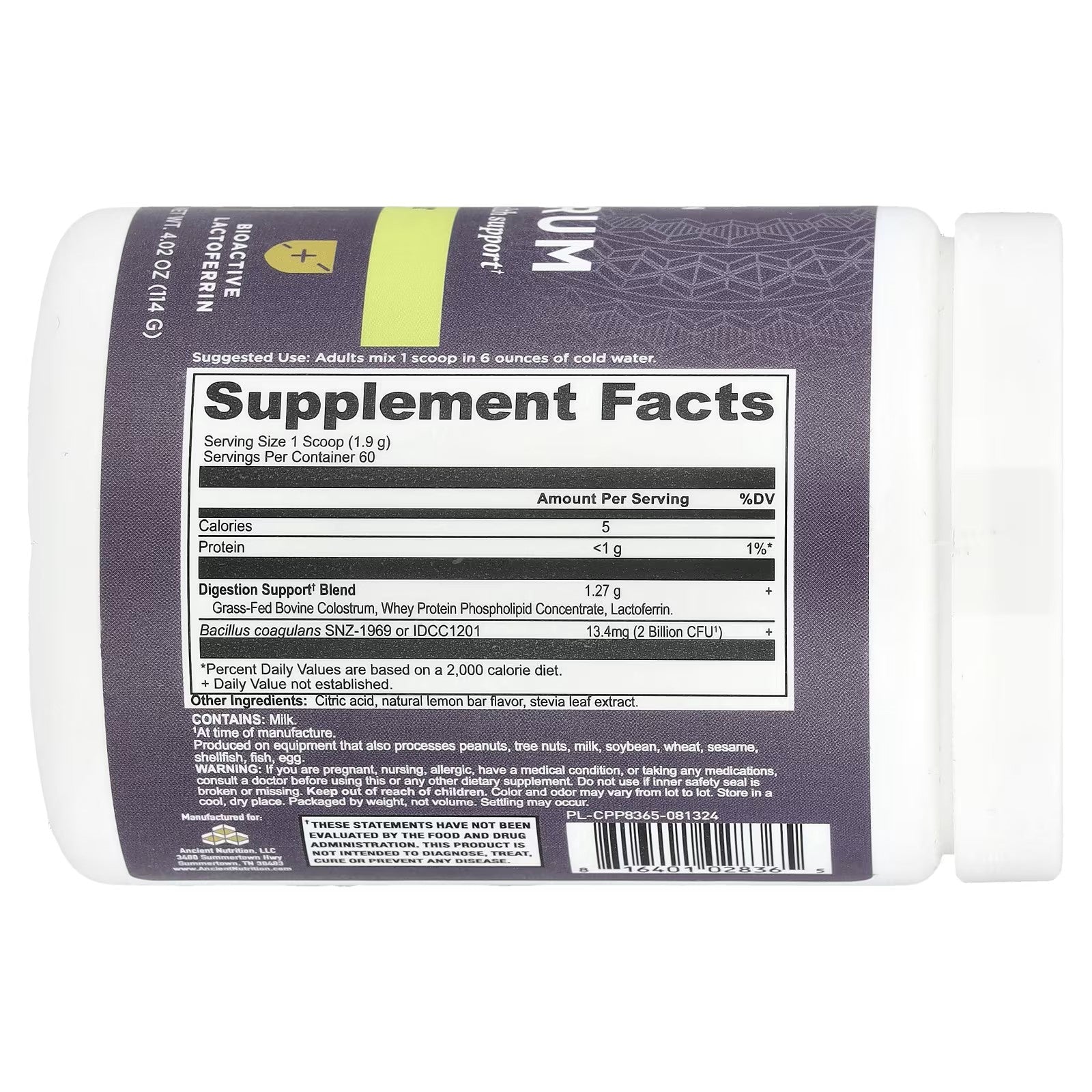 Ancient Nutrition Colostrum Powder Lemon Bar, 60 Servings (4.02 oz) – Grass-Fed Bovine Colostrum for Immune and Gut Support with IgG